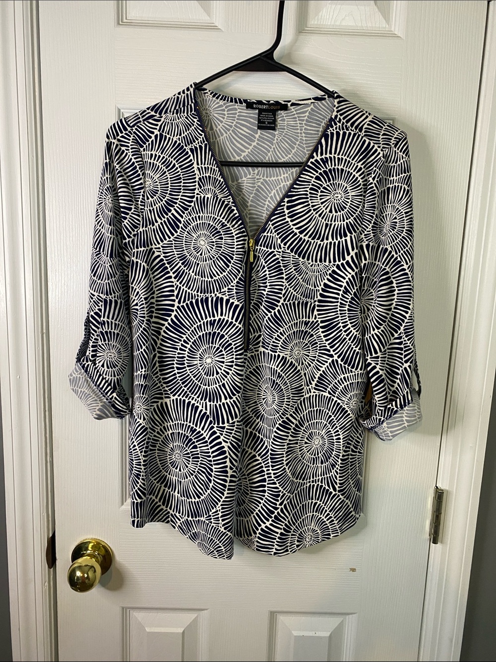 Robert  Louis Navy & White Circular Print Zip-Front Top Size Small.